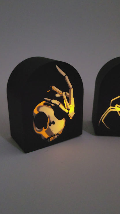 🕯️ Set of 2 Spooky Halloween Lanterns – Skull Spider & Skeleton Hand | 3D-Printed LED Candle Holders