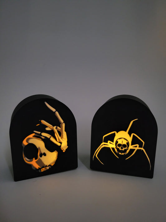 🕯️ Set of 2 Spooky Halloween Lanterns – Skull Spider & Skeleton Hand | 3D-Printed LED Candle Holders